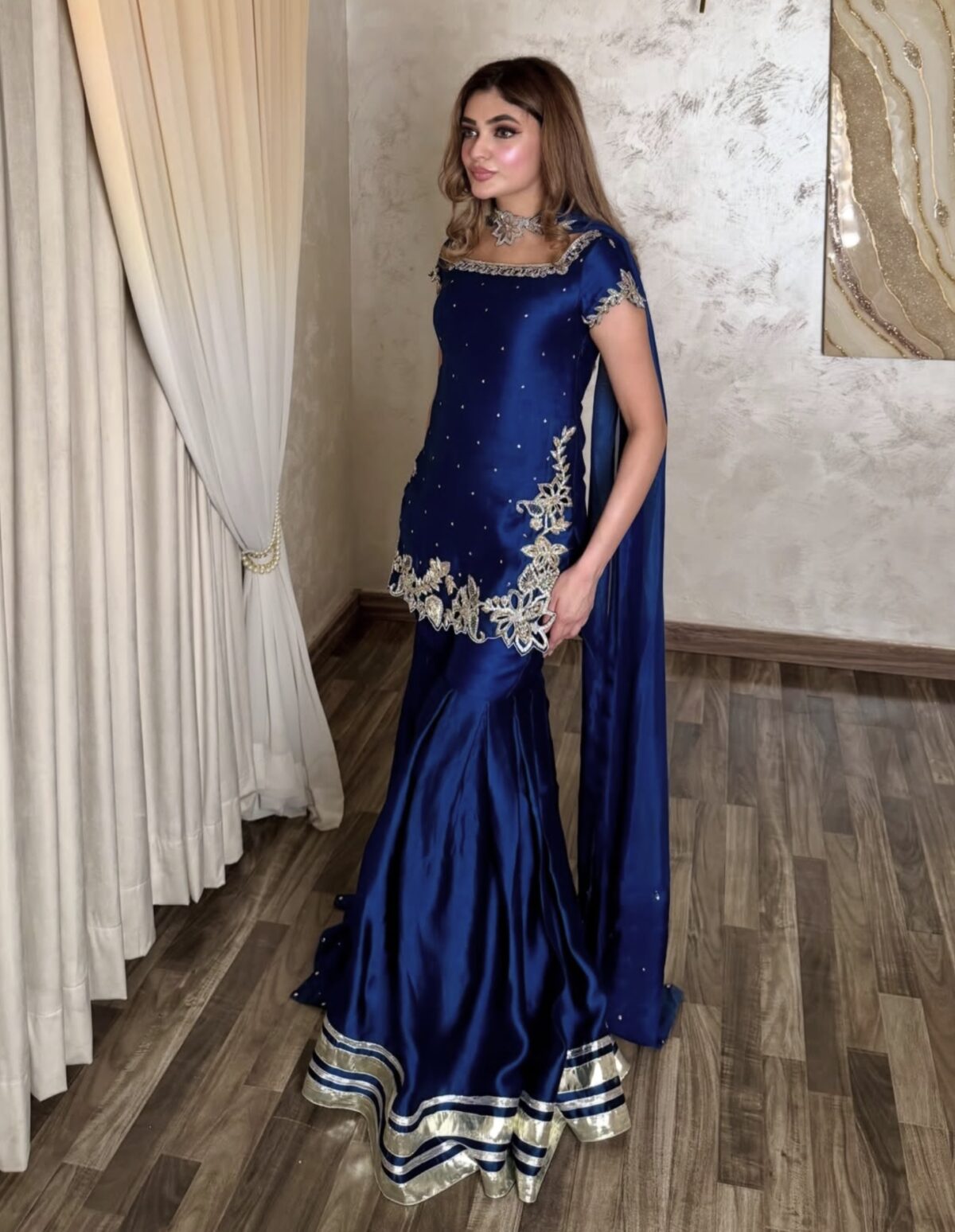 ROYAL NAVY BLUE SATIN SHARARA SUIT SET